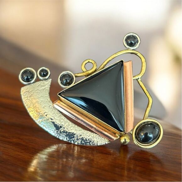 Anthropologie Jewelry - Artisan Onyx Stone & Mixed Metal Geometric Brooch